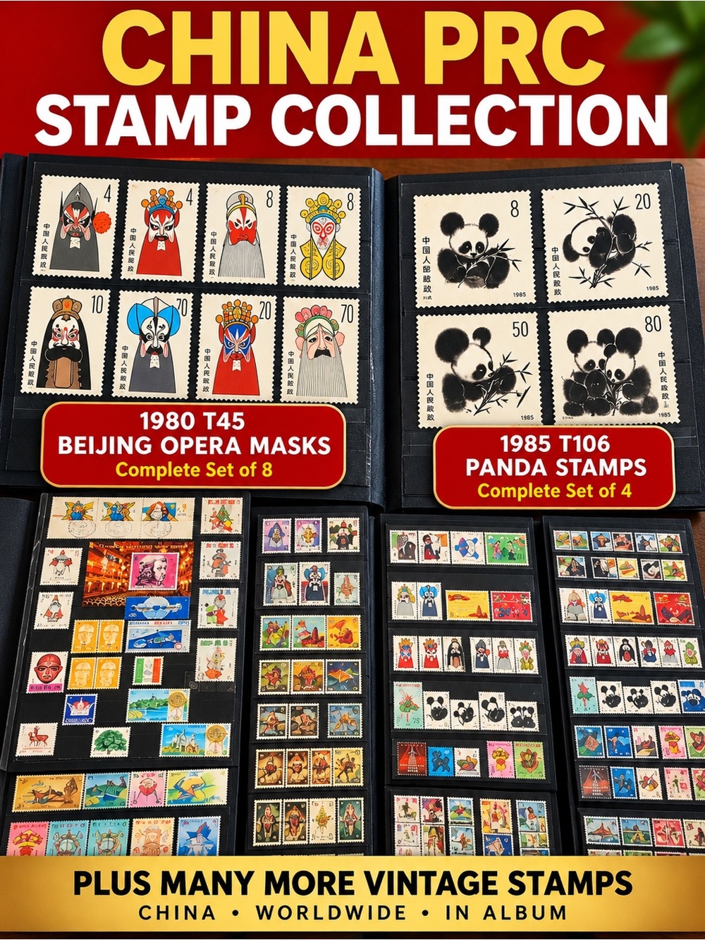 China PRC Stamps T45 Beijing Opera Masks T106 Panda Complete Sets + Album